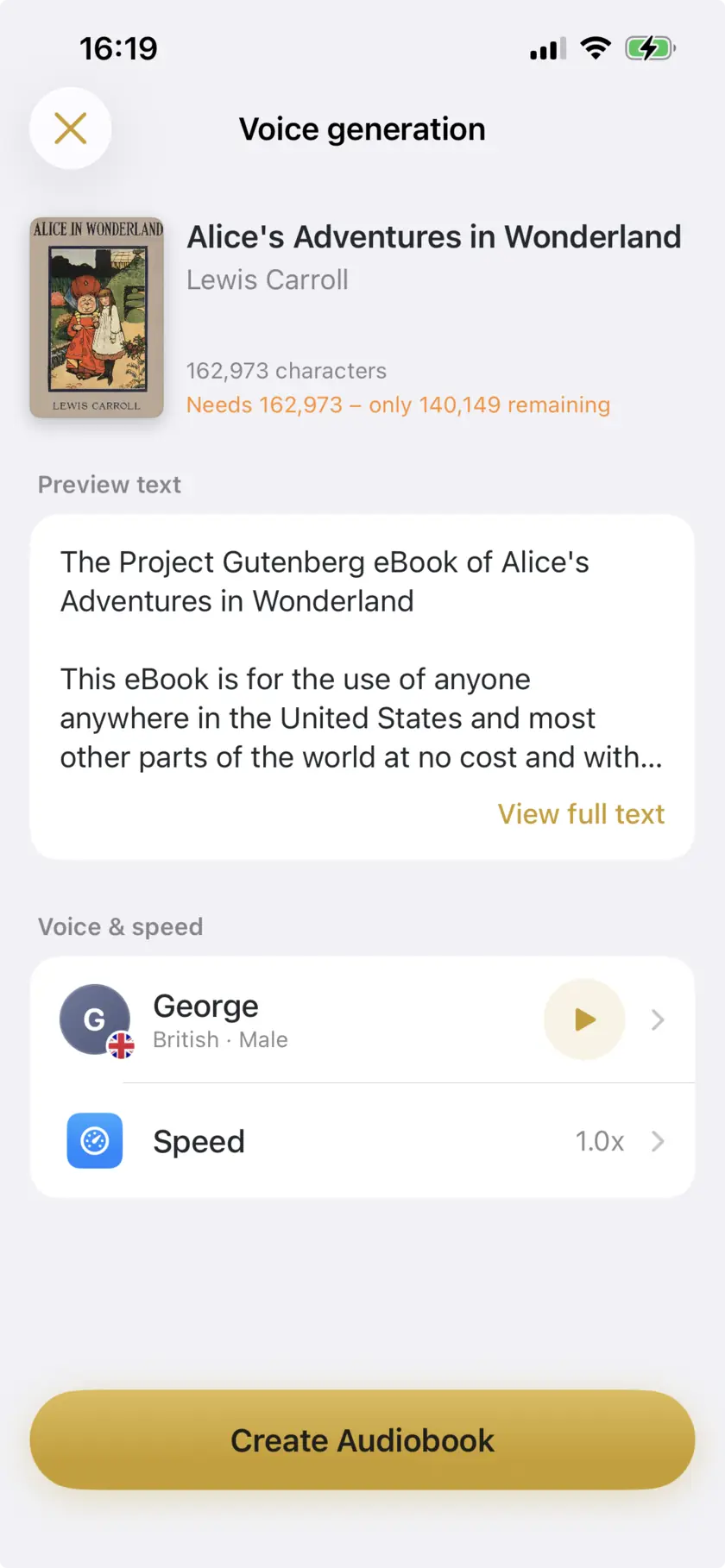 Narrator on iPhone showing a book that needs 162,973 characters against 140,149 remaining on the free plan