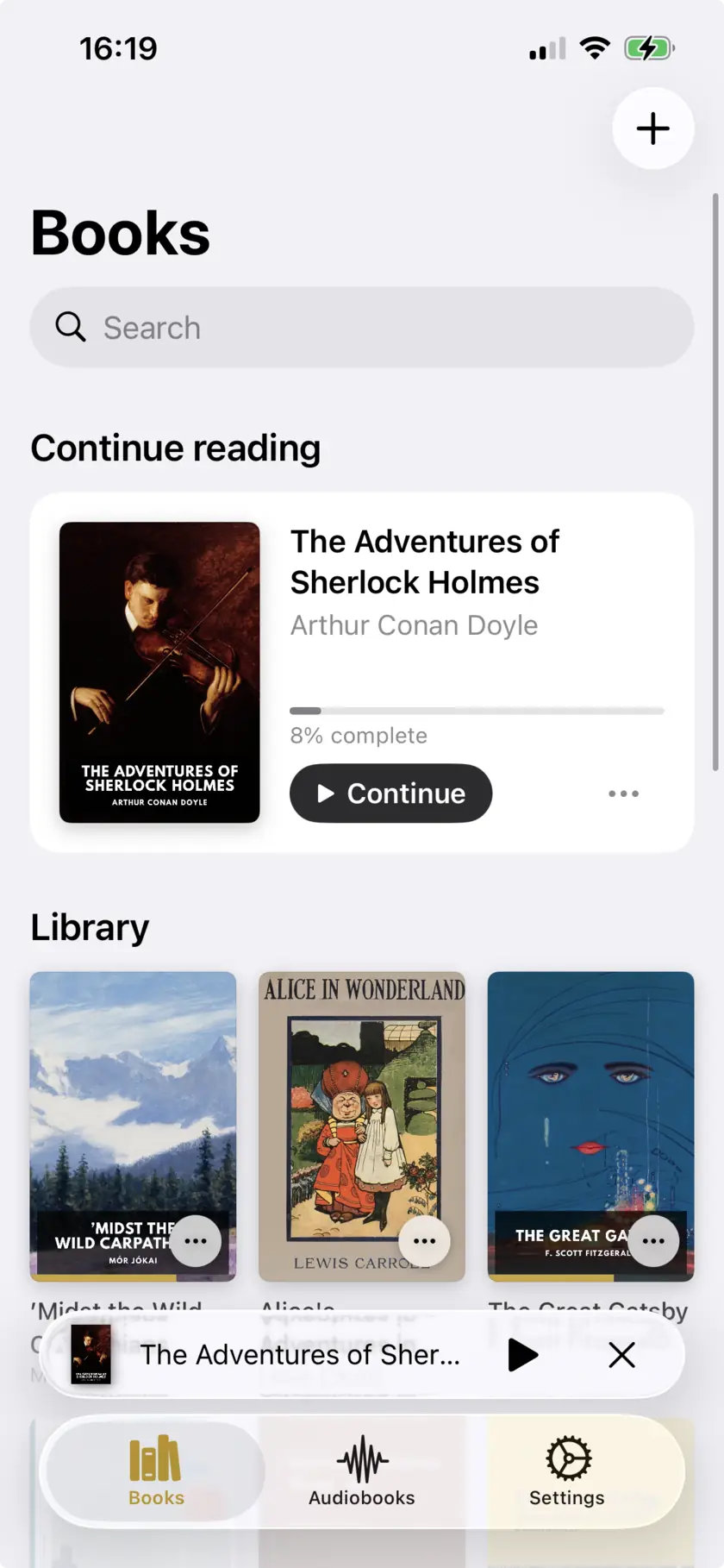 Narrator’s library on iPhone, showing a book in progress at 8% complete and a shelf of imported books