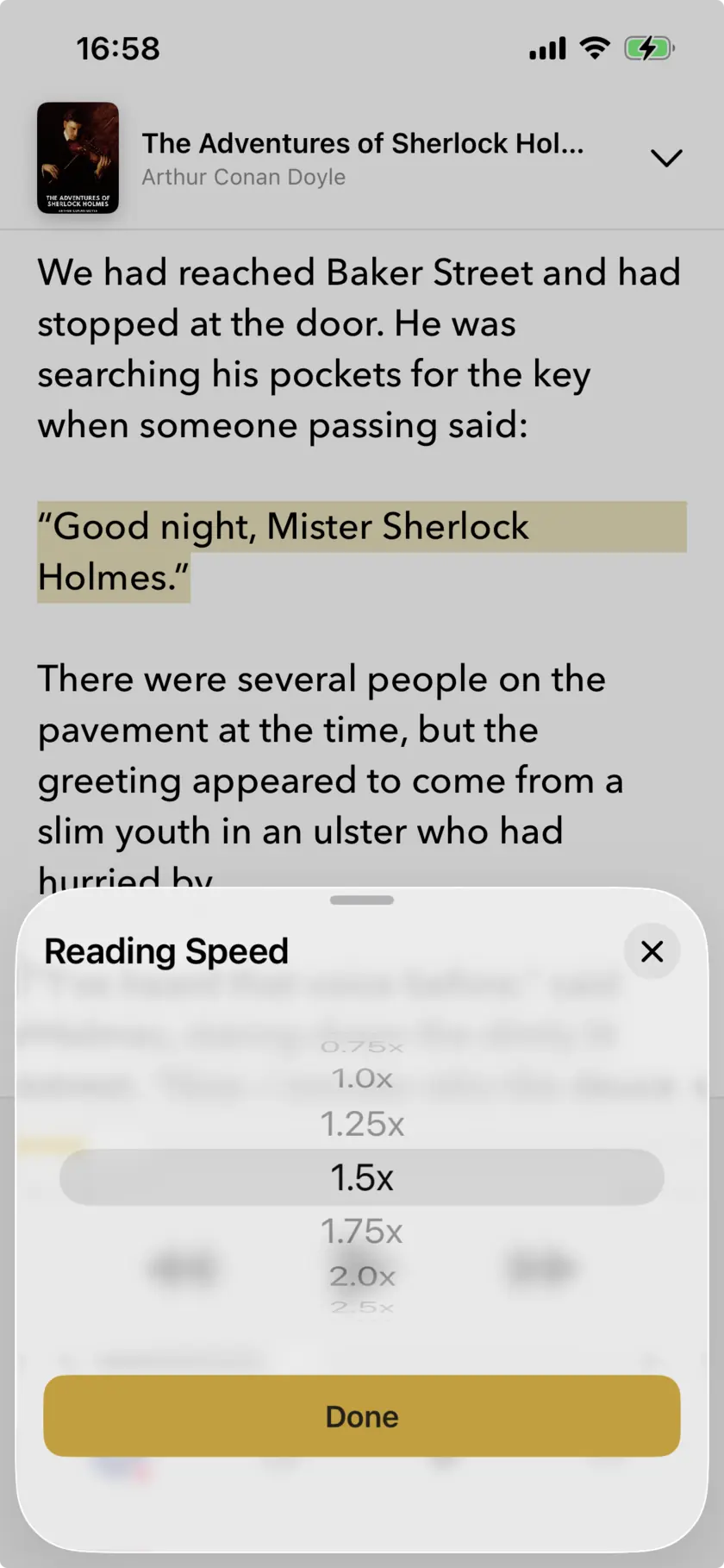 Narrator’s reading speed picker on iPhone, set to 1.5x, over a book being read aloud