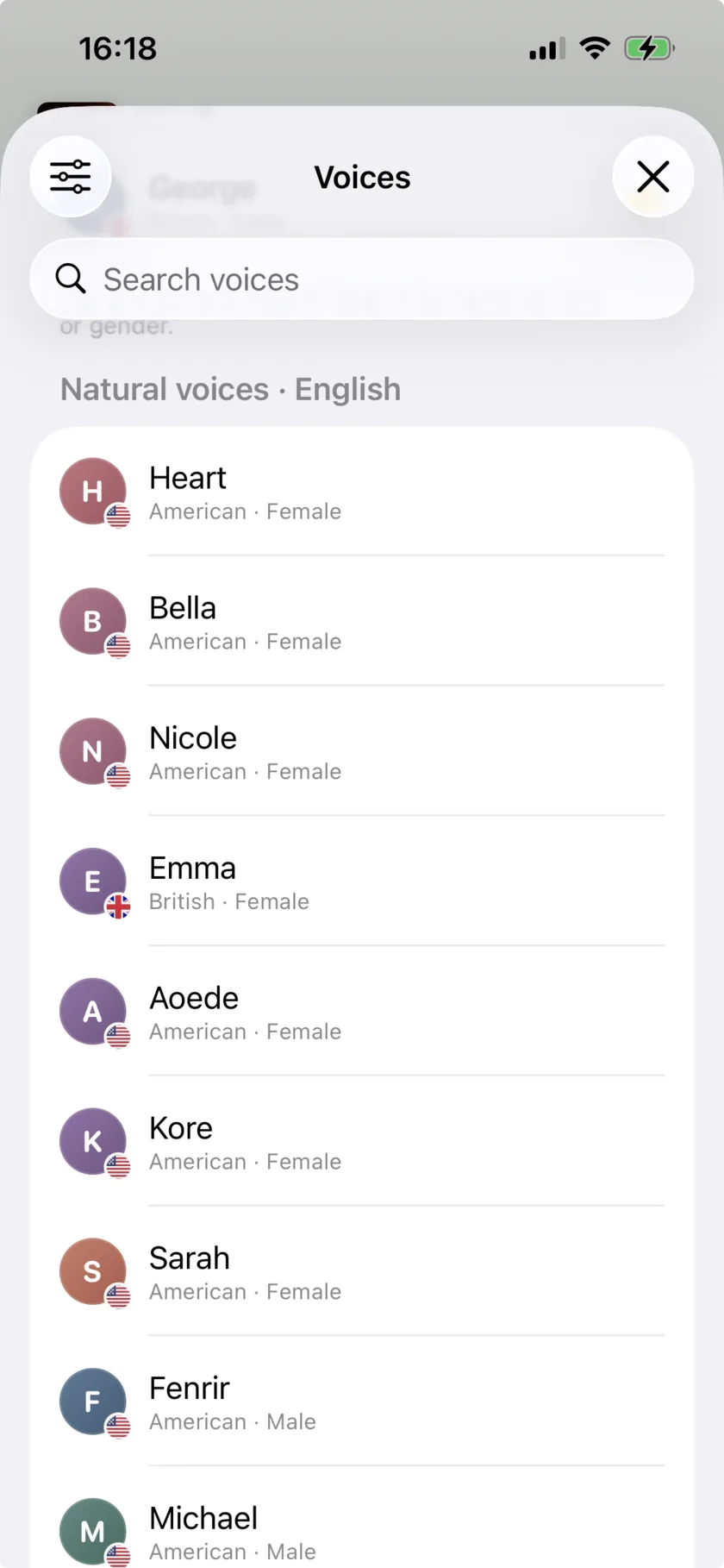 Narrator’s voice picker on iPhone, listing natural English voices with their accent and gender